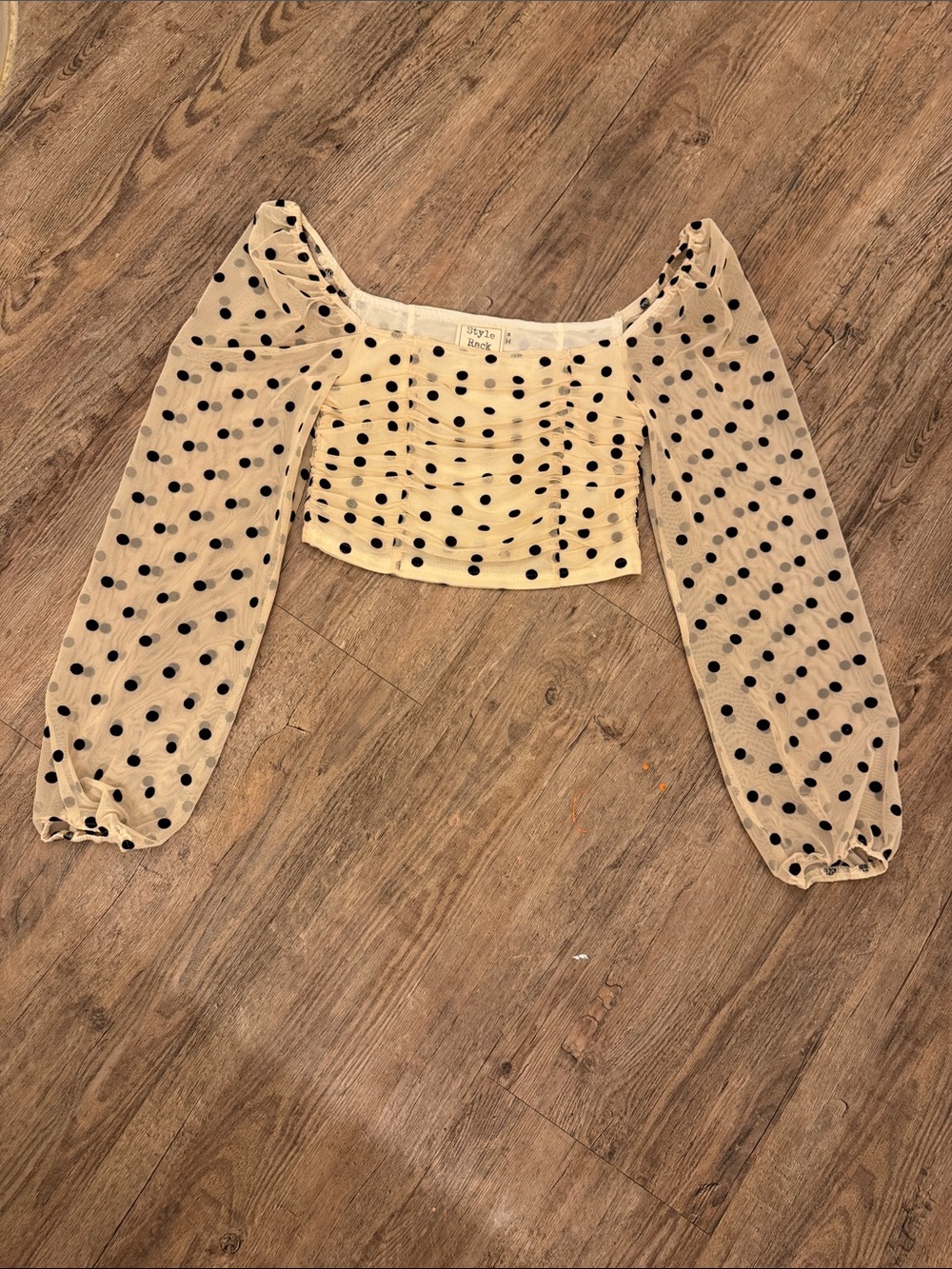Style Rack Cream Sheer Polka Dot Puff Sleeve Crop Top